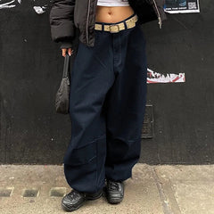 Aiertu - Harajuku Street Fashion Women Baggy Jeans Fold Detail Y2K Oversized Denim Pants Hip Hop Loose Sweatpants Dark Blue Aiertu