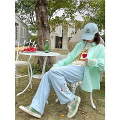 Aiertu - Star Note Embroidery Japanese Sweet Girl Soft Trousers Students High Waisted Summer Thin Loose Casual Sports Wide Leg Long Pants Aiertu