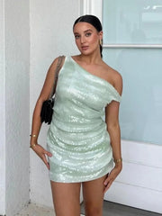 Aiertu - Sexy Sequined One Shoulder Mini Dress Women Slim Sleeveless Slash Neck Zipper Shinny Party Dresses 2026 Summer Lady Evening Robe Aiertu