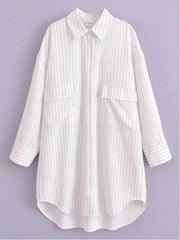 Aiertu - White Stripe Shirt Dress Women Autumn Spring Slit Casual Oversize Single Breasted Turn Down Collar Short Summer Dress Aiertu