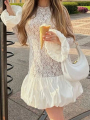 Aiertu - Women's Long Sleeve See-Through Lace Cake Dress Fashion Patchwork Folds Mini Dress Sexy Slim Hot Girl Club Party Clothing Aiertu