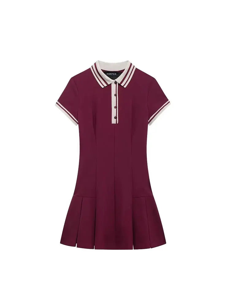 Aiertu - Women Fashion Wine Red Dress Turn-down Collar Short Sleeves Slim A-Line Mini Dresses Chic Elegant Woman Pleated Dress Aiertu