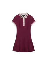Aiertu - Women Fashion Wine Red Dress Turn-down Collar Short Sleeves Slim A-Line Mini Dresses Chic Elegant Woman Pleated Dress Aiertu