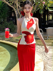 Aiertu - Flower Print Dress Sets For Women Slim High Waist Skirt And Sexy Backless Bodycon Tank Tops 2 Piece Suits Vacation Dress Aiertu