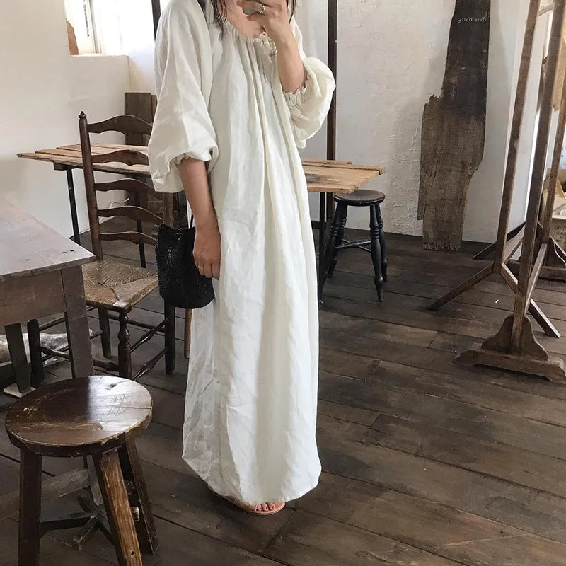 Aiertu - 2026 New Spring 100% Cotton Dress for Women Solid Long Sleeve Drawstring Office Lady Elegant Maxi Dress Aiertu