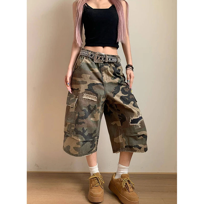 Aiertu American Retro High Waist Camouflage Jeans Women Pockets Hip-hop Shorts 2025 Summer Casual Y2K Grunge Street Washed Denim Shorts Aiertu