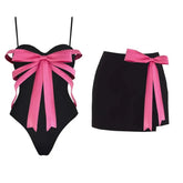 Aiertu - 2Pcs Retro One Piece Swimsuit Sexy Women Bikinis 2025 Hollow Swimwear Bow Tie Swim Suits Biquini Female Bodysuit Beach Outfits Aiertu