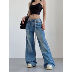 Aiertu Denim Blue Washed Low Rise Straight Leg Jeans Pants Aiertu