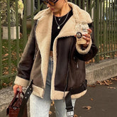 Aiertu - Women Faux Lamb Fur Leather Short Jacket Lapel Zipper Bomber Outwear Faux Suede Lapel Coat Warm Biker Motor Aviator Coat Aiertu