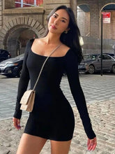 Aiertu Square Collar Mini Dress For Women Clothing Long Sleeve Bodycon Vestidos De Mujer Black Sexi Night Dress Hot One Piece Outfits Aiertu