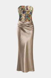 Aiertu - Satin Embroidery Ruched Drawstring Strapless Maxi Dress Aiertu