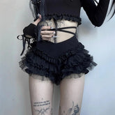 Aiertu - Frilly Lace Mesh Micro Mini Shorts for Girls Gyaru Japanese 2000s Y2k Gothic Clothes White Black Shorts P84-CI20 Aiertu