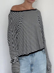 Aiertu - summer inspo Twist Backless Loose Casual Stripe Long Sleeve T Shirt Women Contrast Binding O Neck Minimalist Pullover Tops Aiertu