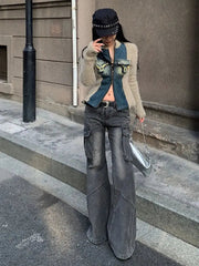 Aiertu - Fashion Streetwear Side Pockets Cargo Denim Pants Swxy Low Waist Punk Harajuku Women Trousers Y2k Aesthetic Flare Long Bottoms Aiertu