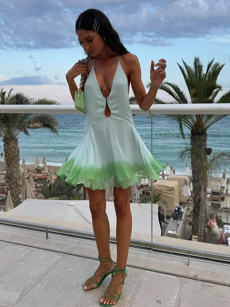 Aiertu - Fall Outfits 2026 Sexy Gradient Contrast Ruffles Halter Mini Dress Fashion Women Off Shoulder Backless Sleeveless Vestidos Chic Lady Party Gowns Aiertu