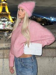 Aiertu - layered look inspo Knitted Round Neck Pullover Women Sweater Pink Long Sleeve Solid Casual Sweater Female Winter New Warm Loose Streetwear Aiertu
