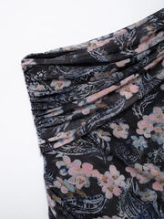 Aiertu - Women Fashion Printed Pleated Midi Dress Vintage Asymmetrical Neck One Shoulder Long Sleeve Female Chic Lady Dresses Aiertu