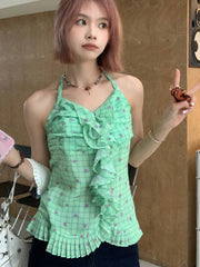 Aiertu Sweet Plaid Flower Print Halter Tanks Bandage Pleated Slim Waist Tunic Tank Tops Y2k Aesthetic Casual Backless Women Camisoles Aiertu