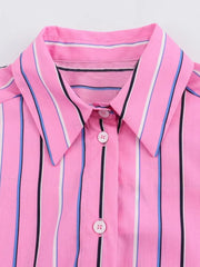 Aiertu - Women Summer Shirts Blouses Tops New Fashion Loose Striped Turn-down Collar Female Elegant Street Top Clothing Aiertu