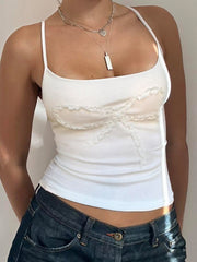 Aiertu - summer inspo Hot Lace Bow Patches White Basic Cute Y2K Camisole Sleeveless Slim Women Crop Top Simple Casual Tank Vest Aiertu
