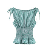 Aiertu - 3 colors Retro French Style Bow Shoulder Gingham Plaid Sleeveless Tanks Top Women Summer Ruched Elastic Slim Waist Girl Crop Tee Aiertu