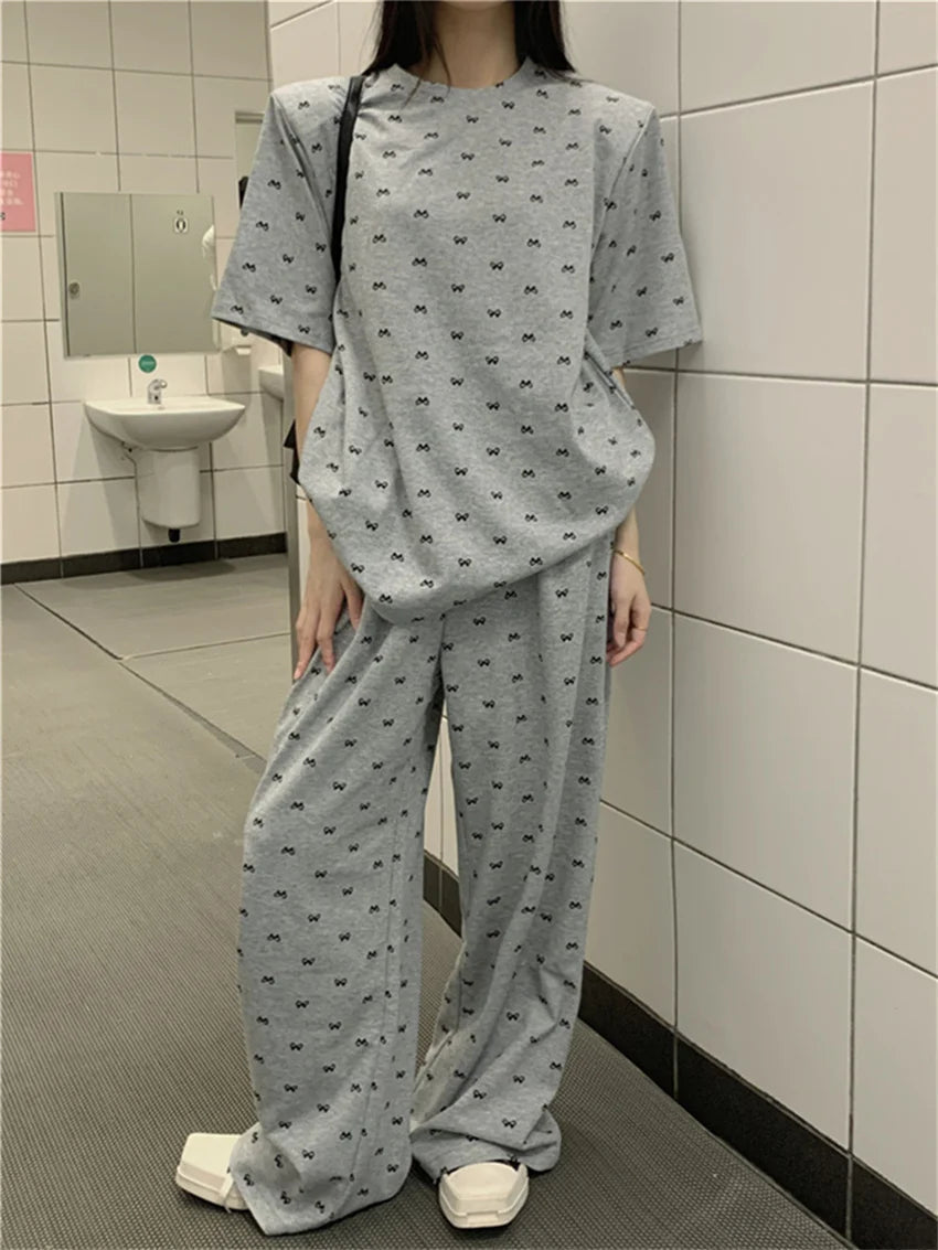Aiertu - Summer Casual Suits Women Loose Printed Bow T-Shirts Daily Chic Office Lady 2026 High Street Wide Leg Pants Sets Aiertu