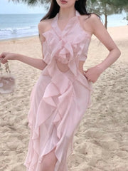 Aiertu - Sweet Pink Fairy Dress for Women Summer Halter Off Shoulder Sleeveless Ruffle Princess Birthday Party Dress Slim Casual Vestidos Aiertu