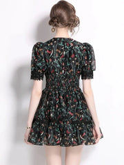 Aiertu - Summer Y2K Lace Trims Splice Flower Princess Short Dresses Women's Puff Sleeve V Neck Elastic Waist French Elegant Party Vestido Aiertu