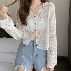 Aiertu Vintage Lace Blouse Women Sheer Long Sleeve Sunscreen Shirt Cardigan Vacation Korean Elegant Casual Sun Protection Top Aiertu
