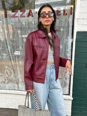 Aiertu - Fashion Women Zipper Short Bomber Leather Jacket Chic Lapel Long Sleeves Cropped Jackets 2026 Female Party Streetwear Outerwear Aiertu