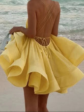 Aiertu - Halter Fuffy Short Pleated Dress Large Backless Cross Strap Beach A-Line Dresses V-Neck Waist Cinched Suspender Slimming Gown Aiertu