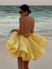 Aiertu - Halter Fuffy Short Pleated Dress Large Backless Cross Strap Beach A-Line Dresses V-Neck Waist Cinched Suspender Slimming Gown Aiertu
