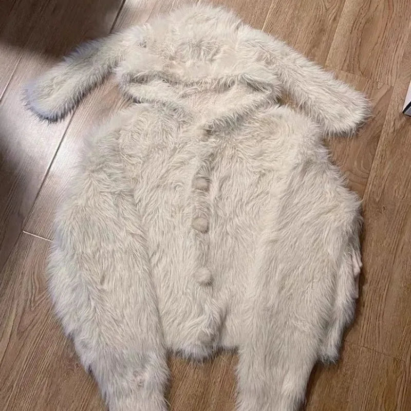 Aiertu - Y2K Fashion Niche Plush Rabbit Ears Knitted Hoodie Women Winter New Korean Street Plush Warm Slim Sweet Casual Hoodie Aiertu