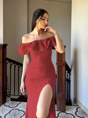 Aiertu - layered look inspo Off Shoulder Solid Women Dress Sleeveless Backless Split Lady Dresses Fashion Wave Cut Evening Party Female Maxi Vestidos Aiertu