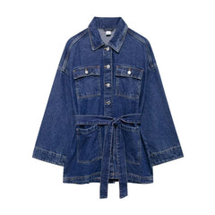 Aiertu - Fashion Women's Denim Jackets With Belt Casual Lapel Single-breasted Pockets Washed Jacket 2025 Spring Lady Y2k Street Outwear Aiertu