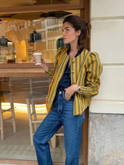Aiertu - Elegant Striped Puff Sleeve Coat For Women Single Breasted O-neck Female Shirt Jacket 2026 Spring Fashion Office Lady Streetwear Aiertu
