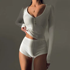 Aiertu - Homewear Two Piece Outfits for Woman Spring Summer Long Sleeve Button Crop T-shirt+Elastic Waist Mini Shorts Casual Suits Aiertu