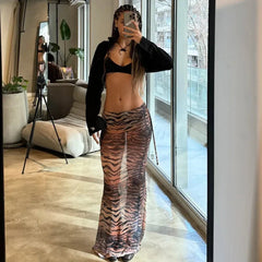 Aiertu - Mesh Stitching Leopard Sexy See-Through Long Skirt Female Animal Print Slim High Waist Skirts Hot Girl Fashion Streetwear Aiertu