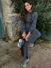 Aiertu - Elegant Plaid Ruffled Women Jumpsuit Long Sleeve Half High Collar Single-breasted Shirt Female Romper 2026 Pocket Straight Pants Aiertu