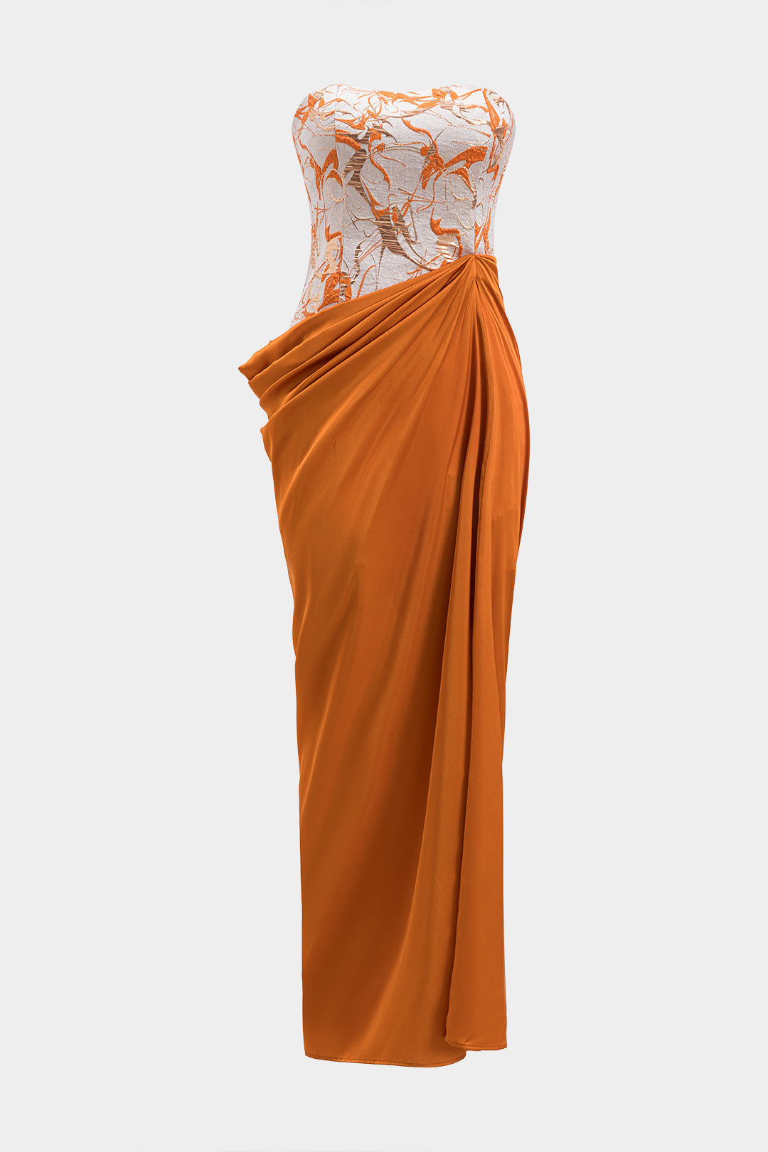 Aiertu - Satin Jacquard Patchwork Ruched Strapless Sleeveless Maxi Dress Aiertu