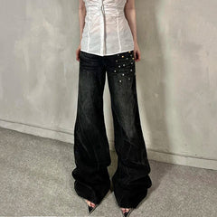 Aiertu - Grunge Aesthetic Flare Jeans Rivet Detail Y2K Fashion Retro Loose Fit Denim Pants High Street Punk Trousers Spring Aiertu
