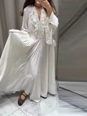 Aiertu - Lace Ruffled Women Dress V-Neck Side Straps Flared Sleeves Large Swing Elastic Waist Cinched Pleated Lace Up Loose Long Dresses Aiertu