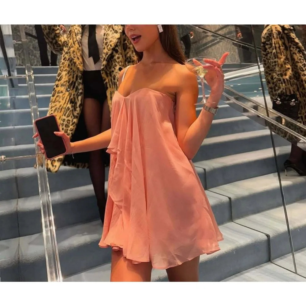 Aiertu - Solid Mesh Loose Dresses for Women Strapless Sleeveless Temperament Minimalist Dress Female Fashion Aiertu