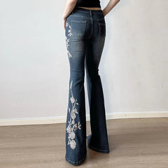 Aiertu - Y2K Rose Embroidered Trumpet Jeans Women Fashion Aesthetic Slim Flare Pants Vintage Blue 2000s Denim Trousers Spring Aiertu