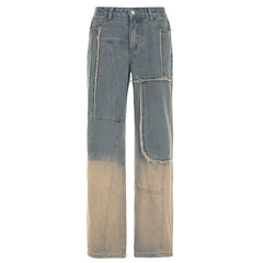 Aiertu Fashion Gradient Frayed Detail Jeans Women High Street Contrast Color Straight Pants Hip Hop Denim Trousers Clubwear Aiertu