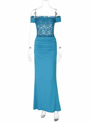Aiertu - Women Blue Skirt Sets Vintage Sleeveless Lace Crop Top with Long Skirt Vintage Y2k Two Piece Suit 2000s Coquette Clothes Summer Aiertu