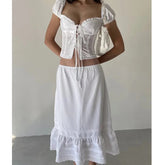 Aiertu - Summer Women Sexy Low Waist Lace Spliced A-line Midi Cotton White Skirt Holiday New 2025 Aiertu