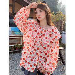 Aiertu Vintage Sweet Floral Shirts Women Cute Love Heart Print Peter Pan Collar Puff Long Sleeve Blouse Korean Preppy Casual Tops Aiertu