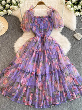 Aiertu Summer Women Floral Mesh Midi Dress Sweet Square Collar Short Puff Sleeve Ruffle Vestidos Female Elegant Purple/Green/Red Robe Aiertu