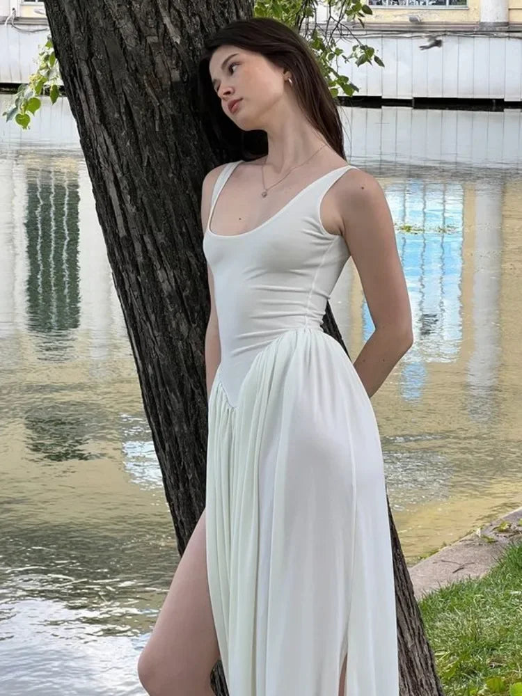 Aiertu - Elegant Sleeveless Elastic Tight Long Dress Women Fluffy Skirt Split Backless Evening Dress Slim Party Vacation Vestidos Aiertu